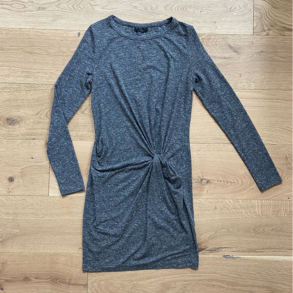 Topshop Grey Slub Knit Mini Dress Knot Front Soft Stretch Gathered Long Sleeve